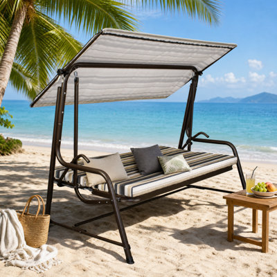 SUNJOY Luxury Bronze 4-Seater Steel Patio Swing and Bed with Elastic Metal Mesh Seat, Convertible Design, Cushions, and Adjustable Canopy