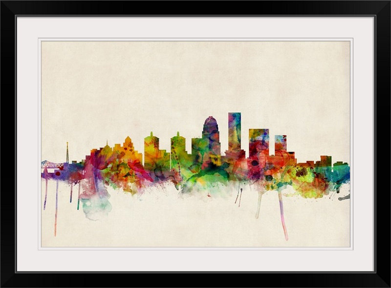 «Louisville Kentucky City Skyline» par Francy, impression, H 28 po x l 38 po x P 1 po, Cadre noir