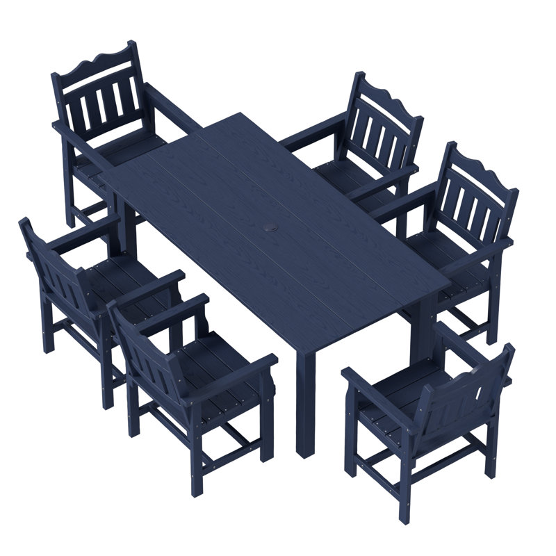 HIPS All-Weather Outdoor Dining Set of 7 with Umbrella Hole & Ergonomic Chairs, Dining Table Set for 6, Patio Table and Chairs for Backyard, Deck