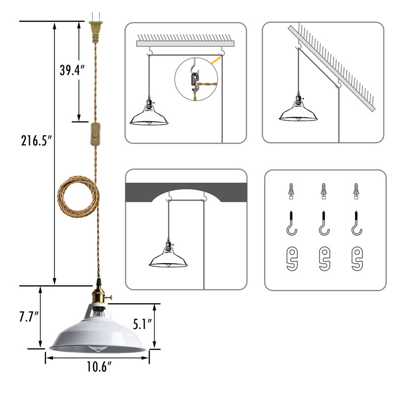 Luminaire suspendu industriel à hauteur réglable, Blanc