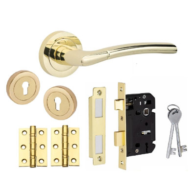  Indiana Design Door Handles Set in Polished Brass Finish with Hinges and Mortise Lock