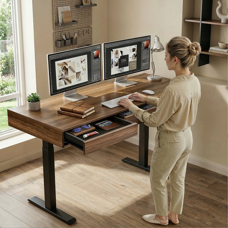 Electric Height-adjustable Desk & Chair Set, 3-drawer Height-adjustable Desk & Ergonomic Office Chair, Brown/Black