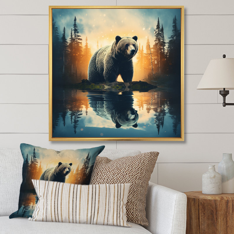 «Double Exposure Bear», art mural grand ours, Cadre flottant doré, H 36 po x l 36 po x P 1,5 po