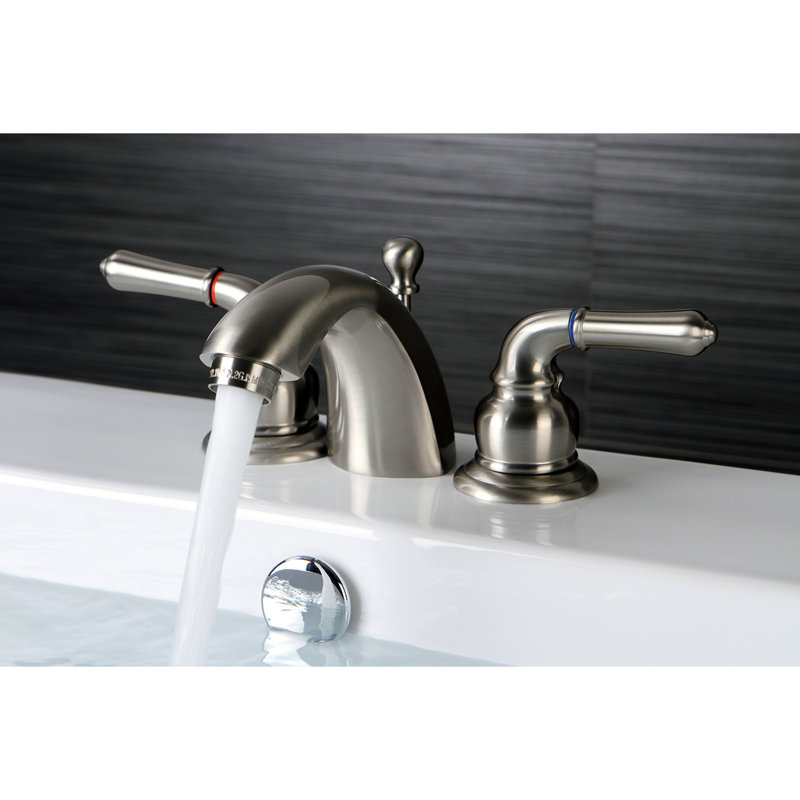 Kingston Brass Two-Handle 3-Hole Deck Mount Mini-Widespread Bathroom Faucet with Brass Pop-Up, Brushed Nickel
