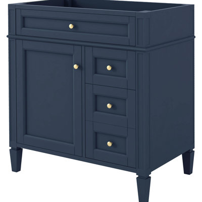 Meuble-lavabo moderne de 30 po pour le rangement, 3 tiroirs, organisateur de porte d'armoire, tablette réglable, tiroir escamotable, bleu divers, bois massif et pieds romains, poignée texturée avec pieds, poignée,