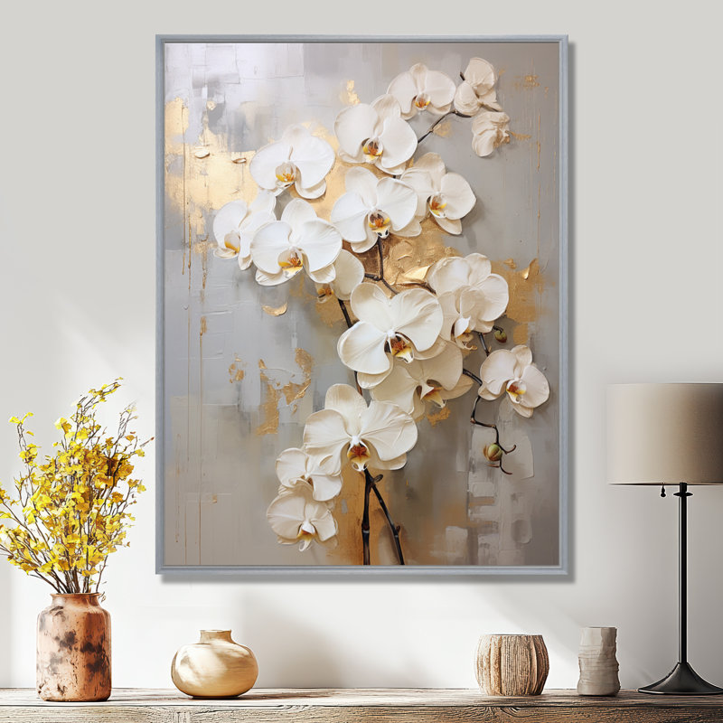 Minimalisme beige et orchidées dorées IV - impression sur toile encadrée orchidée, H 32 po x l 24 po x P 1 po