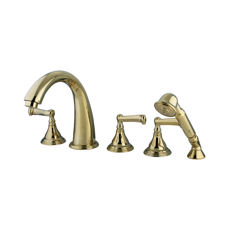 Triple Handle Deck Mounted Roman Tub Faucet with Handshower, Satin Nickel