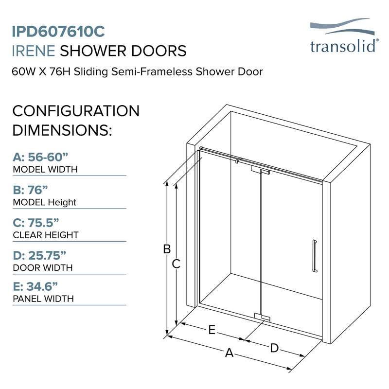 Porte de douche pivotante 60 po x 76 po avec verre transparent Irene, Acier inoxydable brossé