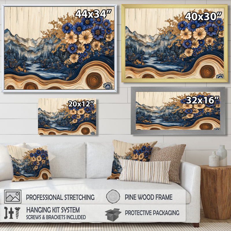 Fleurs bleues turquoise et paysage de forêt en bois II - Art mural bleuets, H 30 po x l 40 po, Cadre simple, Blanc