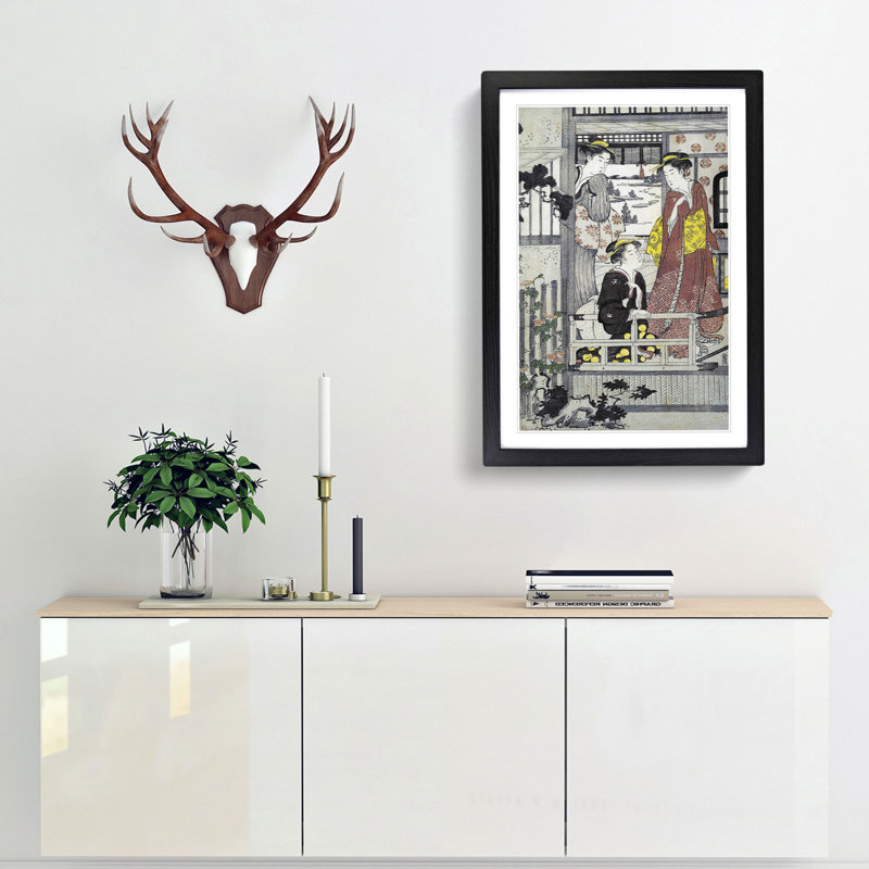 Three Women on a Veranda by Chobunsai Eishi - Picture Frame Painting Print, 36cm H x 27cm W x 2cm D, Black Framed