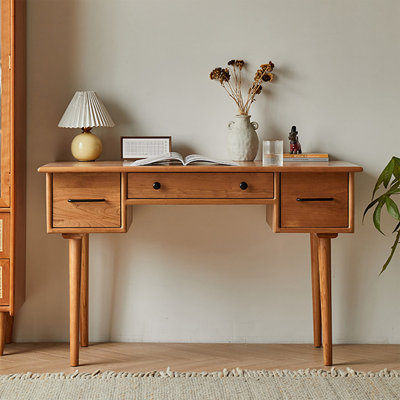 Cherry Wood Color Rectangular Solid Wood with 3 drawers desk