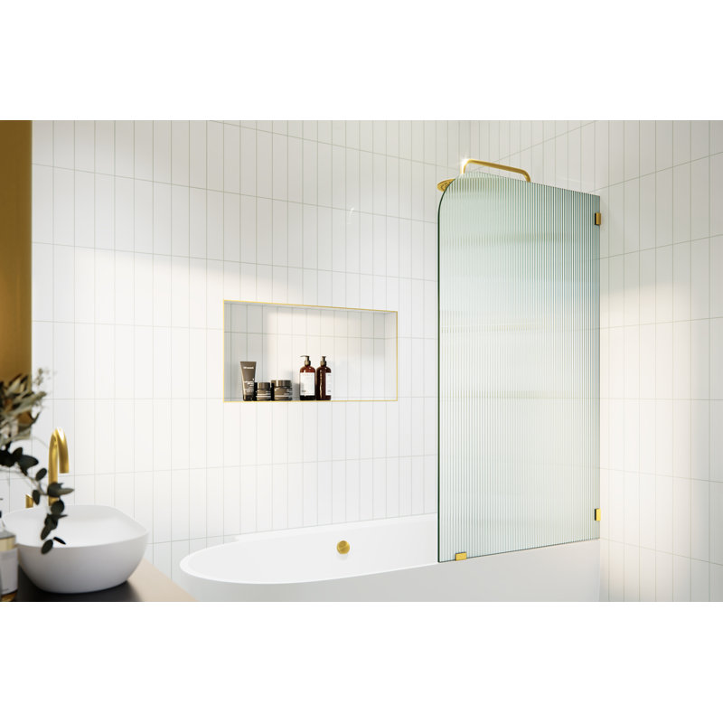 Aurora 34 in. x 58.25 in. Frameless Fluted Radius Single Fixed Bath Panel, Satin Brass, Right Hand, 34"