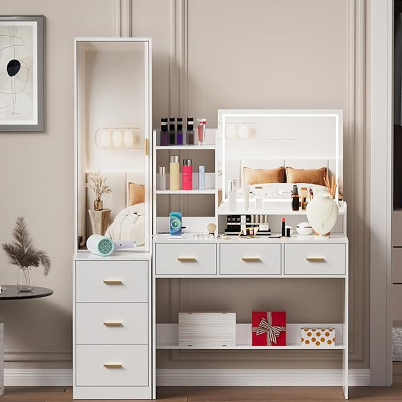 Meuble-lavabo avec miroir pleine longueur éclairé et station de charge, Blanc