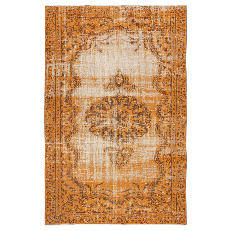 Tapis orange en laine 5,6 x 8,6 pi Tapis turc fait à la main pour espaces contemporains