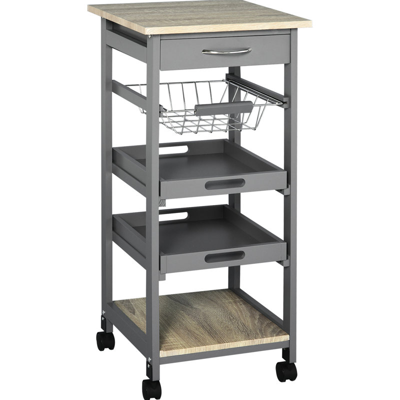 Îlot de cuisine mobile avec tiroir, rangement pour panier et plateau, rangement pour tiroir gris et gris