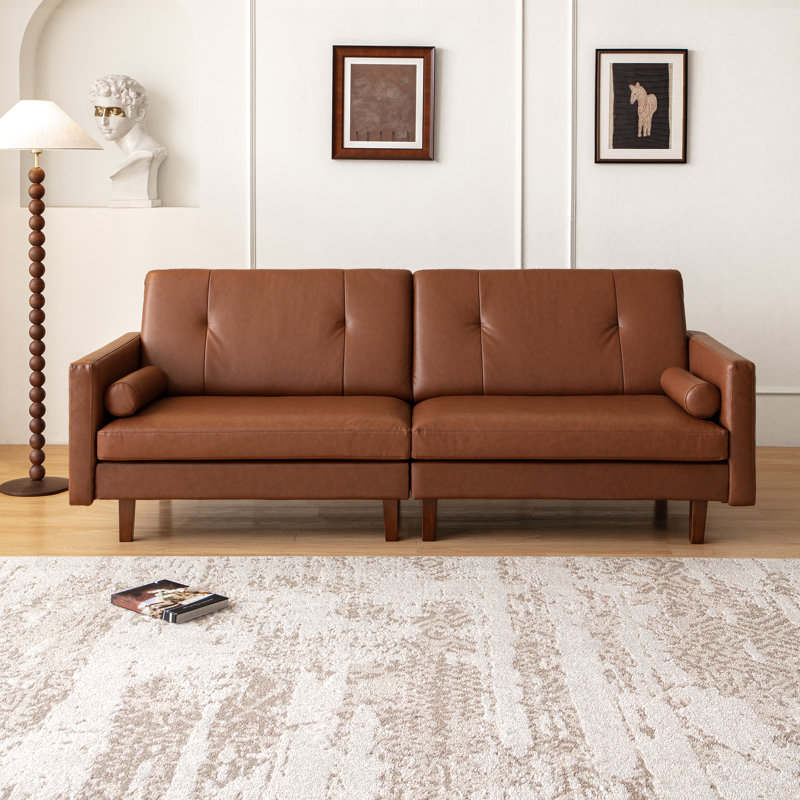 86.6"W Leather Sofa Loveseat with Pillows for Lumbar Support, Mid-century Modern Oversized 3-seater Tufted Upholstered Sleeper Couch with Square Arm, Brown Sectional Sofa for Living Room