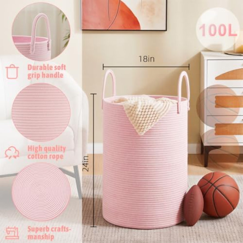 Laundry Basket,Woven Cotton Rope Laundry Hamper,100L For Decorative Storage Of Dirty Clothes,Toys And Blankets In Bathroom,Baby Room And Living Room