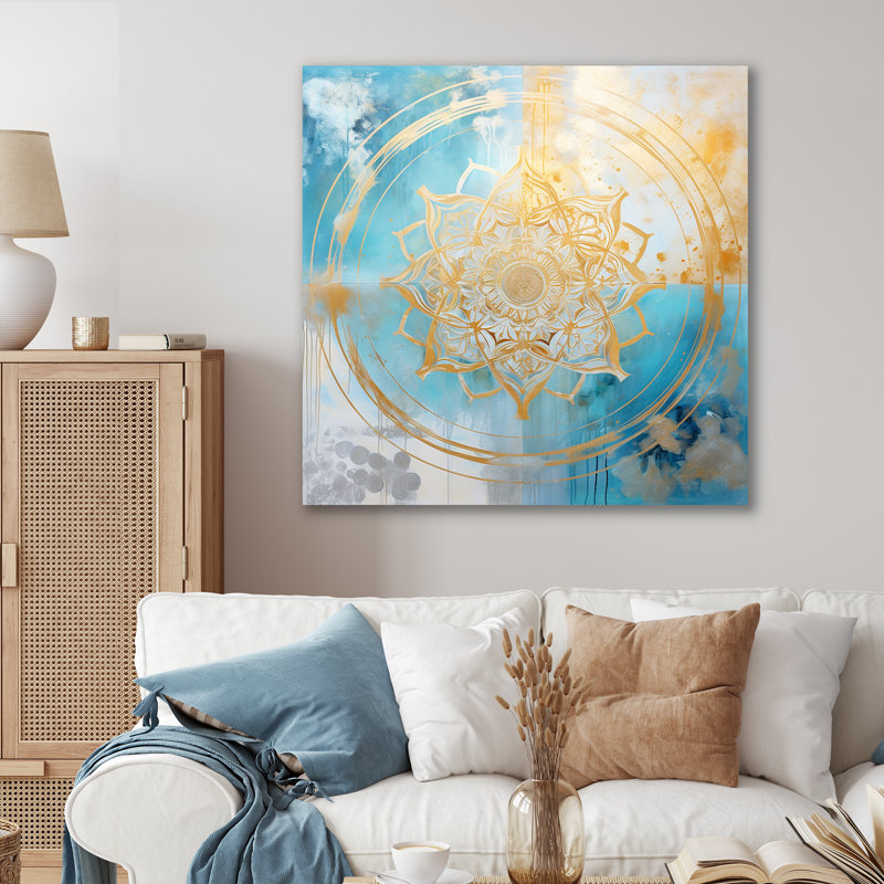 Divine mandala délicat or délicat turquoise - Boho Mandala, art mural sur toile, Toile tendue, H 16 po x l 16 po