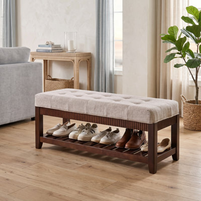 Banc de hall d'entrée en bois d'hévéa massif avec coussin rembourré et range-chaussures intégré
