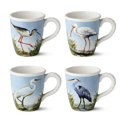 Coastal Birds 14oz Mugs Set of 4, Ceramic Assorted artist-designed Wetland Birds Coffee Mugs, Blue Sky Marsh Scenes, Dishwasher Microwave Safe Coastal Mugs