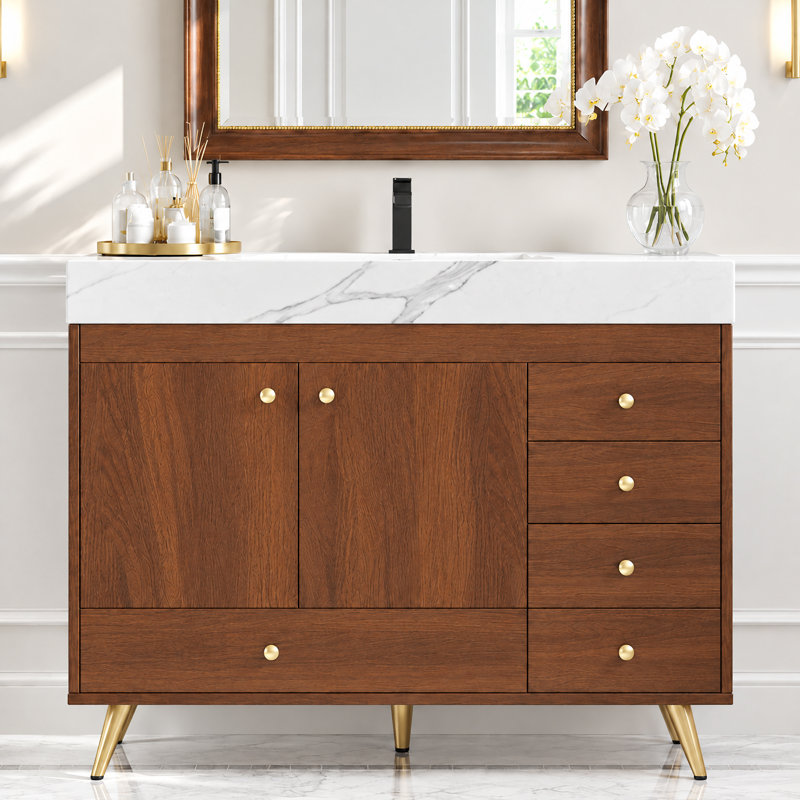Meuble-lavabo autoportant moderne 36 po avec 1 armoire et 5 tiroirs, comptoir en pierre frittée, lavabo en céramique et pieds en acier inoxydable
