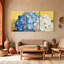 Hortensia bleu blanc fleurs sur fond jaune, ensemble de 3 impressions d'art sur toile-1951542365