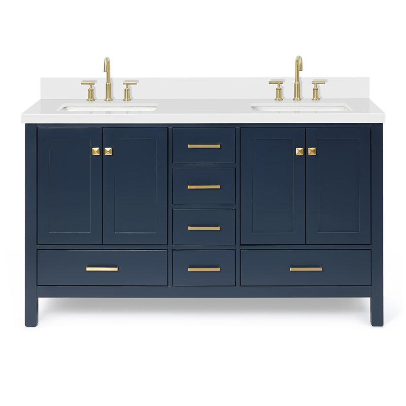  Ensemble de meuble-lavabo double 61 ", Bleu minuit / laiton satiné, Rectangular