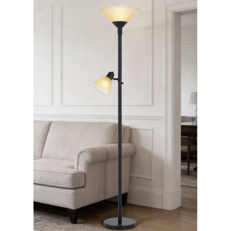 Torchère en métal de 72 po de hauteur avec finition noire et abat-jour en verre rond