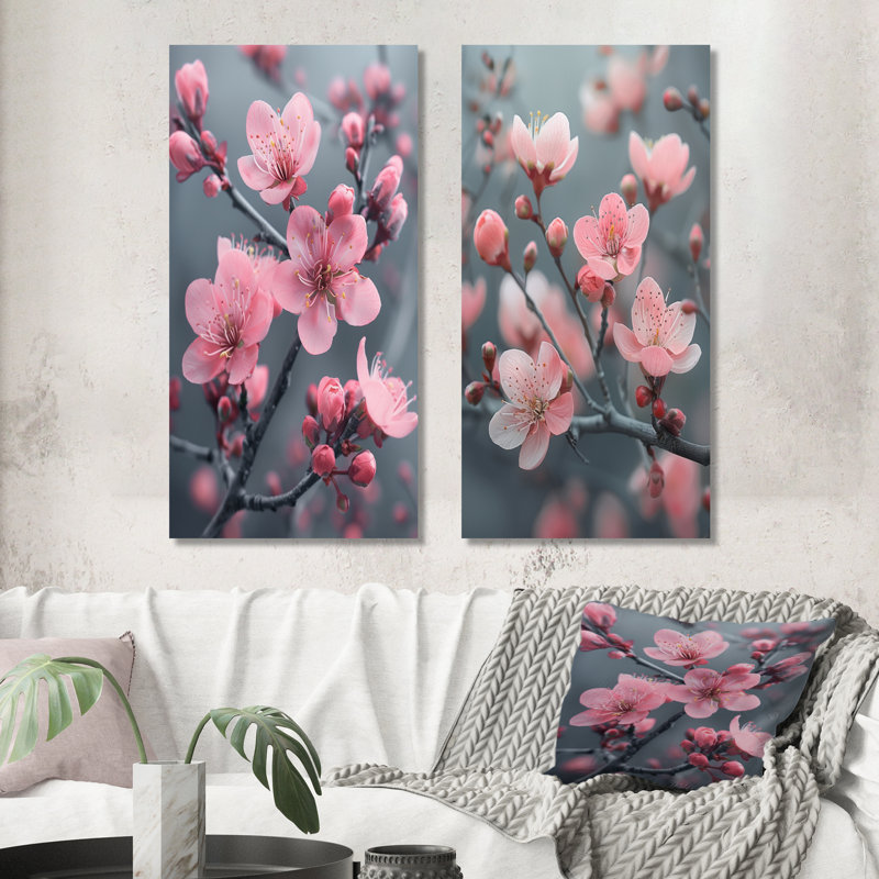 Ensemble de 2 pièces monochromes de fleurs de cerisier gris dans le vent I - Fleurs de cerisier, H 40 po x l 40 po