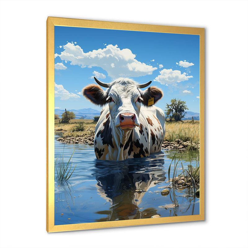 «Cow in Tranquil Pasture», reproduction sur toile, Cadre doré simple, H 20 po x l 12 po x P 1 po