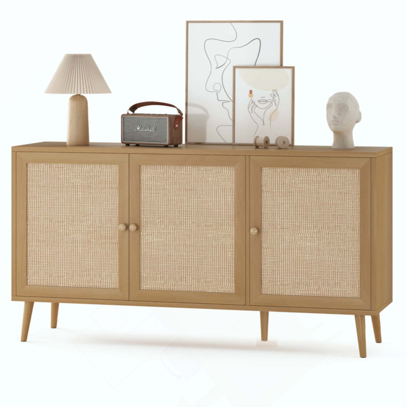 Sideboard Buffet Cabinet With 3 Rattan Doors,Modern Kitchen Storage Console Cabinet For Entryway Living Room, Natural