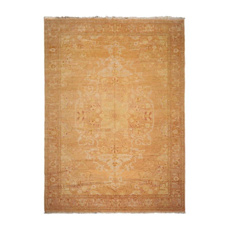Hand-Knotted Pale Peach and Tan Wool Oriental Rug