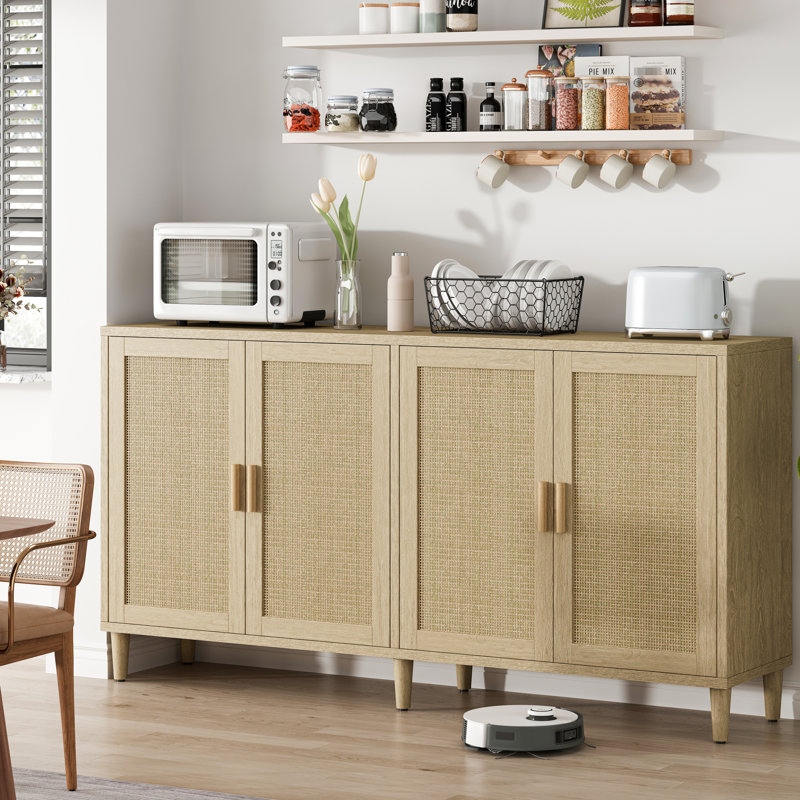 Buffet 70 po avec tablettes réglables, de haute qualité et polyvalent pour la décoration de chambre à coucher 4 portes naturelles et robustes, facile à installer dans la cuisine