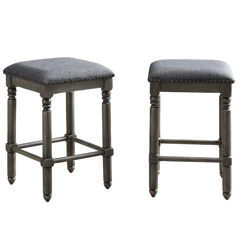 Grey Upholstered Counter Height Stools Of 2 - Fabric Seat With Nailhead Trim, Solid Wood And Plywood Construction, Rustic Chic Appeal, 16"w X 16"d 24.13"h, Assembly Required Stool Build,