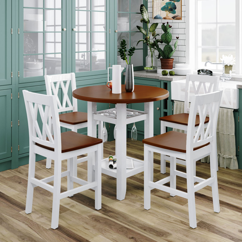 Ensemble de table de salle à manger 5 pièces à hauteur de comptoir de style moderne avec tablette de rangement, support en verre et 4 chaises à dossier croisé, chaise de salle à manger, ensemble de table de salle à manger, cerisier et blanc