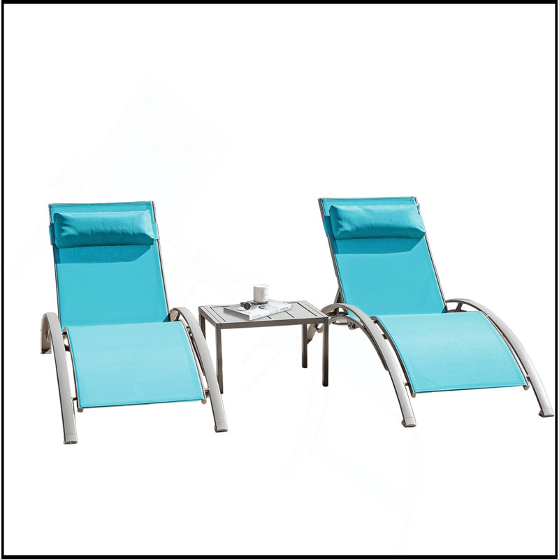 Pool Lounge Chairs Set Of 3 (2 Lounge Chairs+1 Table), Lake Blue/Light Gray