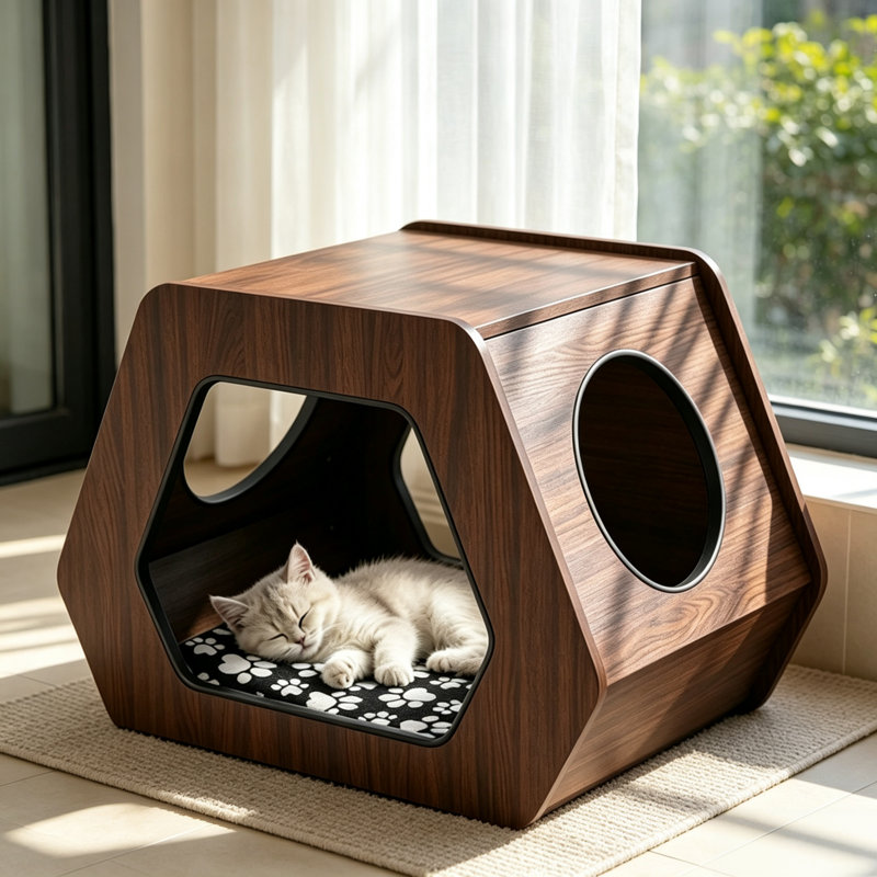 Lit de chat hexagonal compact et multifonctionnel en panneaux de particules à motif de bois, idéal pour les petits espaces.