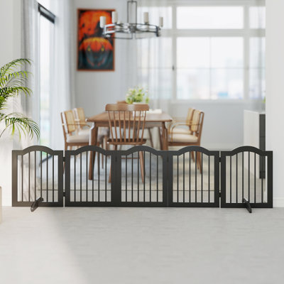 Dog Gate 5 Wood Panel Freestanding Pet Fence Folding Safety Barrier