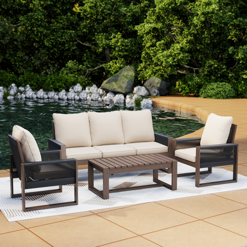 Ensemble de meubles de patio 4 pièces: canapé 3 places, 2 fauteuils et table carrée en bois - osier PE, finition à base d'eau, sièges rembourrés