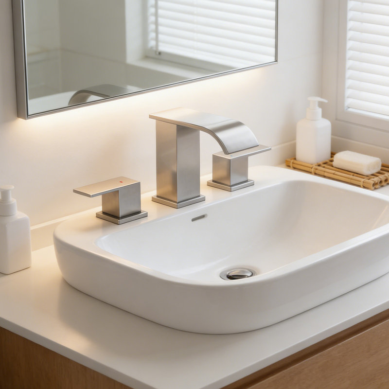Robinet de salle de bain surdimensionné à 3 trous et 2 poignées avec drain, Nickel brossé
