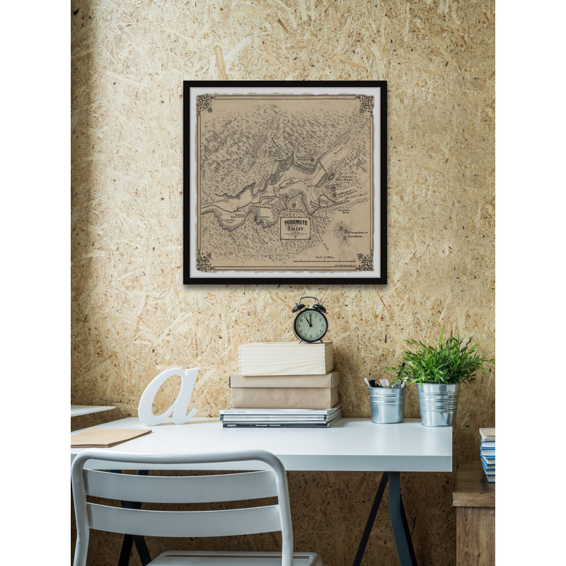 Vintage Yosemite Valley Map - Reproduction d'art graphique sur papier encadré, H 24 po x l 24 po x P 1,5 po