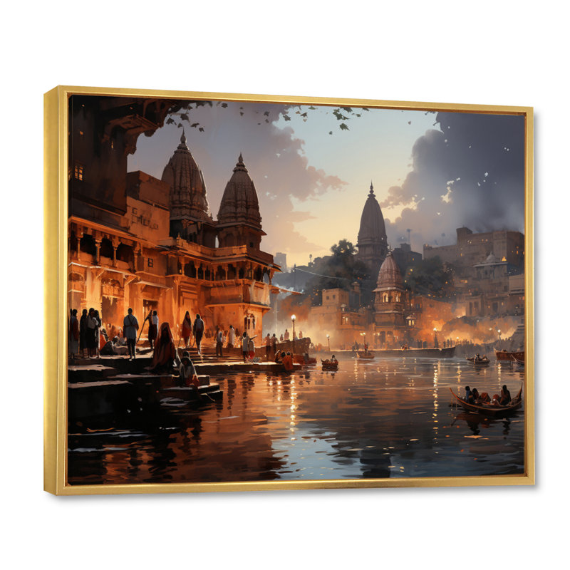 Art indien indien beige et gris, art mural indien, H 30 po x l 40 po x P 1,5 po, Cadre flottant doré