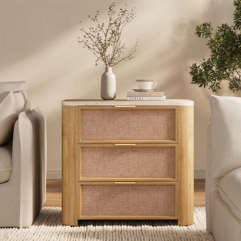 Rattan Nightstand With 3 Storage Drawers,faux Marble Top, 26" Wide Wood Bedside Table For Bedroom Living Room, Thickened  W/curved Profile Design, Mid Century End Table,natural Oak
