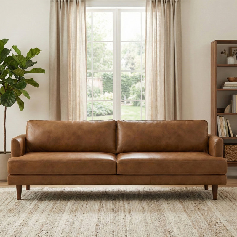 Livingston Top Grain Genuine Leather Mid-Century Modern Sofa With Solid Wood Frame For Living Room, 90" W, Caramel Brown 