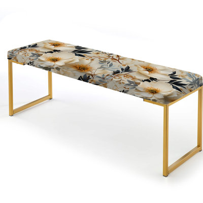 Autumn Boho Chic Poppy Blooms II - Floral Upholstered Gold Bench