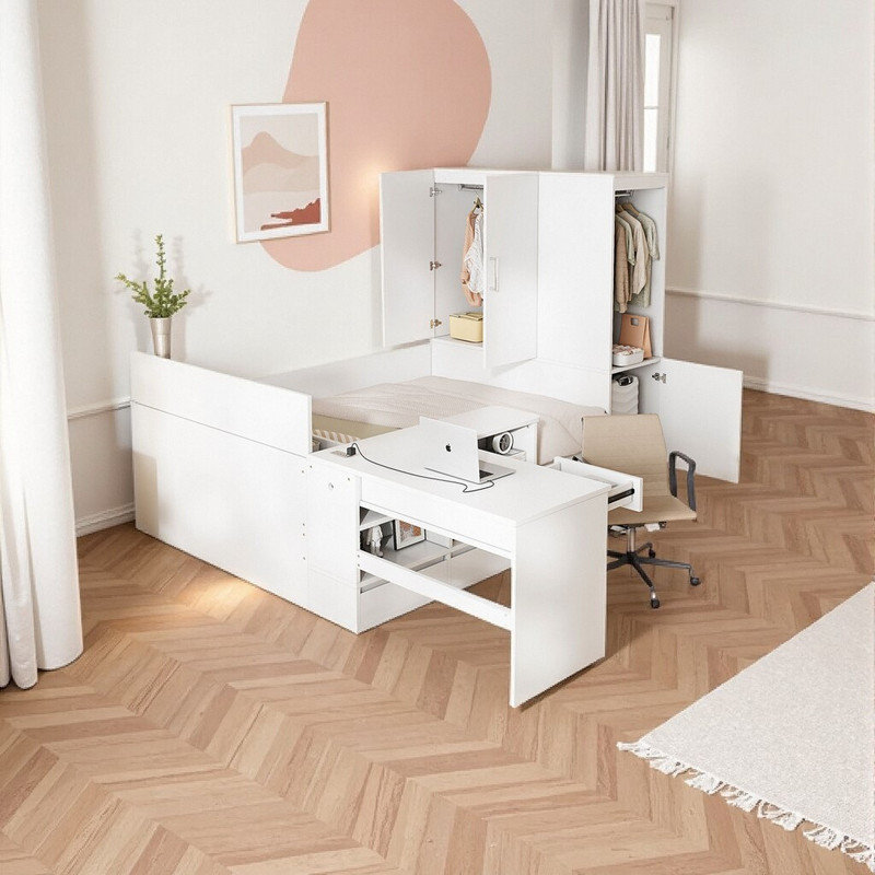 Lit plateforme avec rangement 104,9 "avec bureau et garde-robe - Pleine grandeur, Blanc