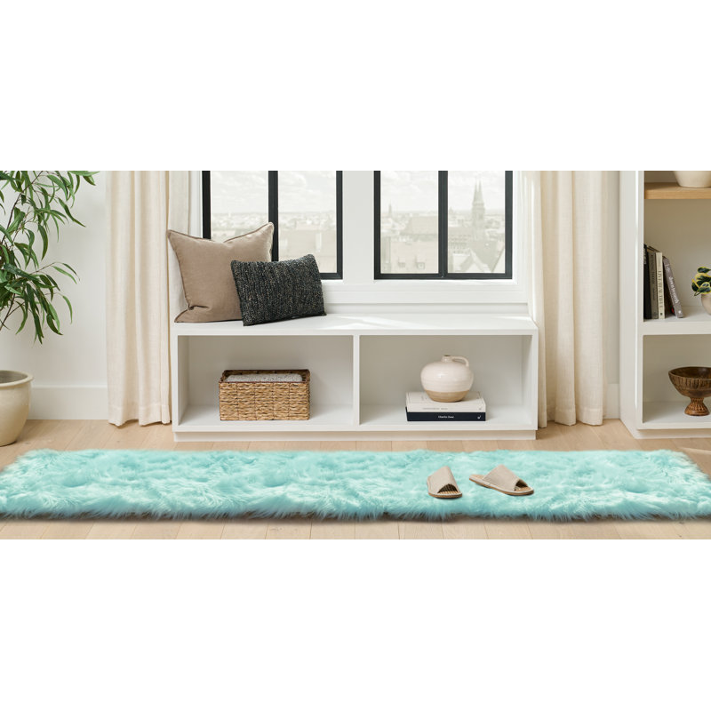 Haja Turquoise Fluffy Faux Sheepskin Fur Shag Area Rug, Runner 2' x 10'