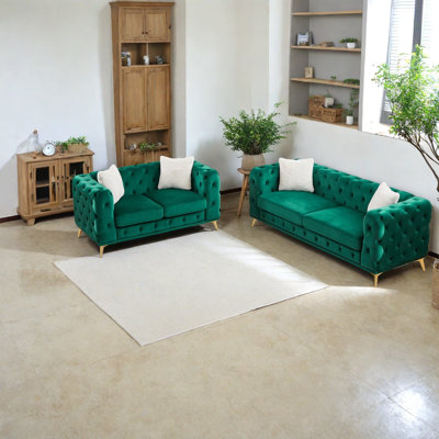 Compression Sofas Set, Green Velvet Wood Frame Modern Home Seating