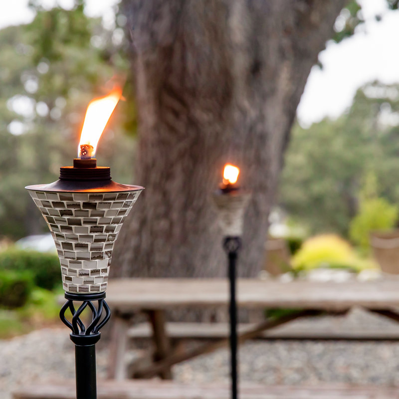 Gray Mosaic Metal Outdoor Torch with Black Base