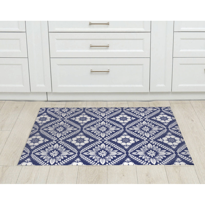 Tapis de cuisine à motif géométrique Talia, Rectangulaire 3 pi x 5 pi, Marine
